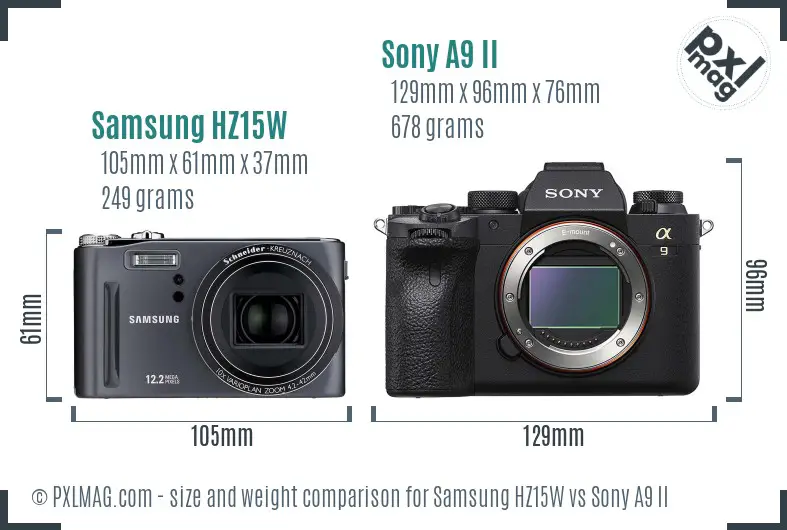 Samsung HZ15W vs Sony A9 II size comparison