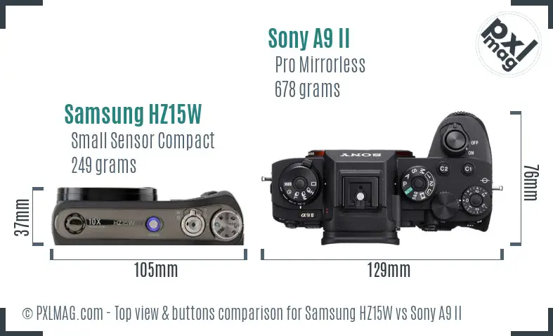 Samsung HZ15W vs Sony A9 II top view buttons comparison