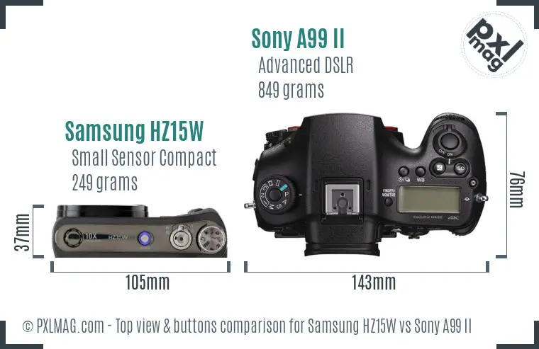 Samsung HZ15W vs Sony A99 II top view buttons comparison