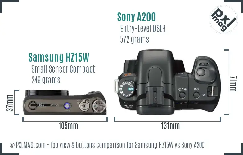 Samsung HZ15W vs Sony A200 top view buttons comparison
