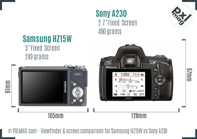 Samsung HZ15W vs Sony A230 Screen and Viewfinder comparison