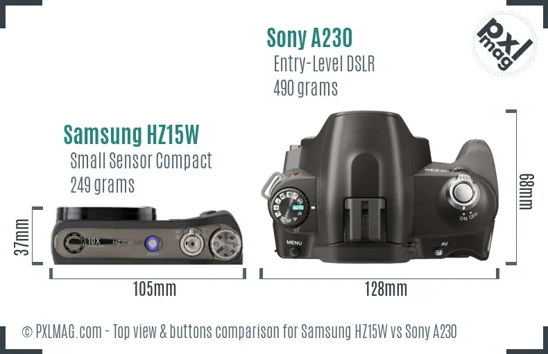 Samsung HZ15W vs Sony A230 top view buttons comparison