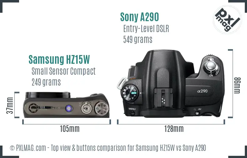 Samsung HZ15W vs Sony A290 top view buttons comparison