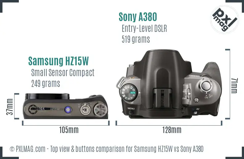Samsung HZ15W vs Sony A380 top view buttons comparison