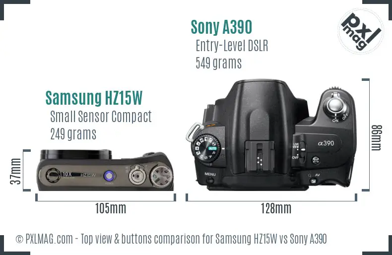 Samsung HZ15W vs Sony A390 top view buttons comparison