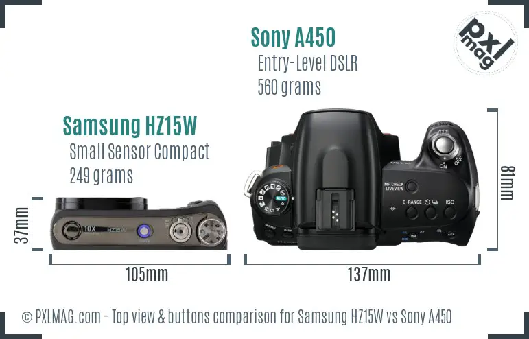 Samsung HZ15W vs Sony A450 top view buttons comparison