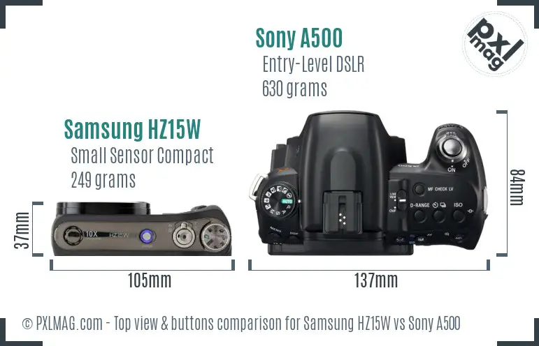 Samsung HZ15W vs Sony A500 top view buttons comparison