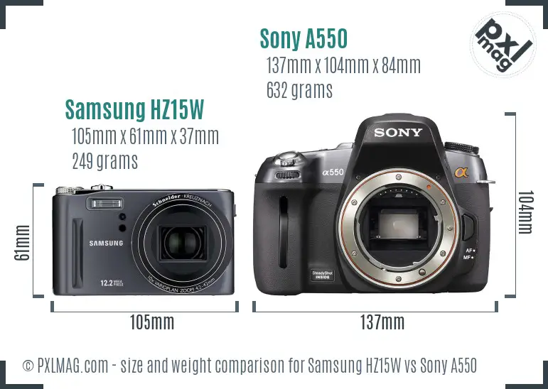 Samsung HZ15W vs Sony A550 size comparison