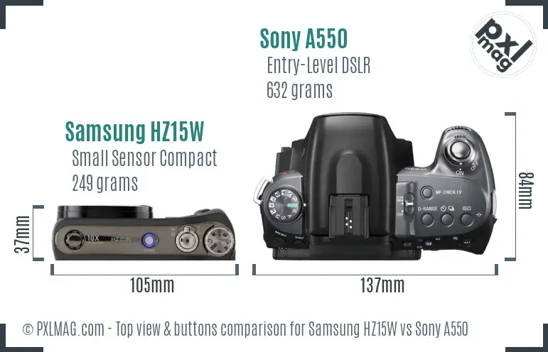 Samsung HZ15W vs Sony A550 top view buttons comparison