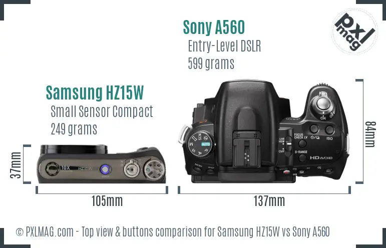 Samsung HZ15W vs Sony A560 top view buttons comparison