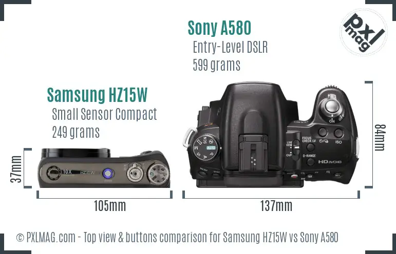 Samsung HZ15W vs Sony A580 top view buttons comparison