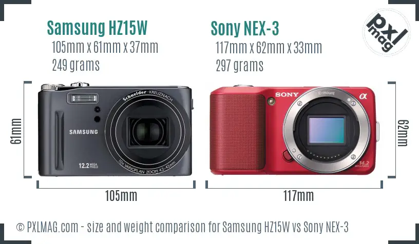 Samsung HZ15W vs Sony NEX-3 size comparison