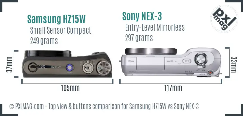 Samsung HZ15W vs Sony NEX-3 top view buttons comparison