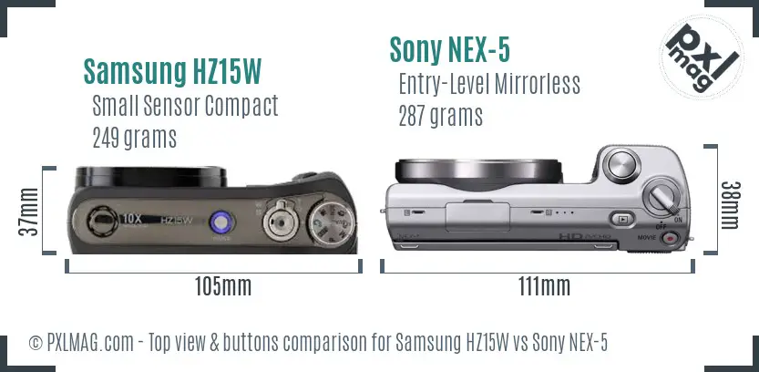 Samsung HZ15W vs Sony NEX-5 top view buttons comparison