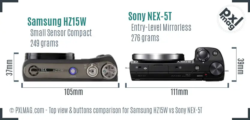 Samsung HZ15W vs Sony NEX-5T top view buttons comparison