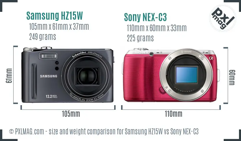 Samsung HZ15W vs Sony NEX-C3 size comparison