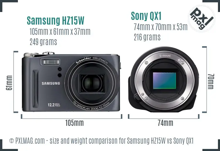 Samsung HZ15W vs Sony QX1 size comparison