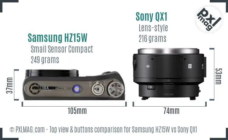 Samsung HZ15W vs Sony QX1 top view buttons comparison