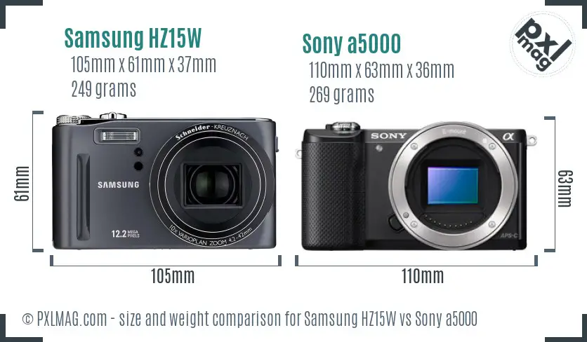 Samsung HZ15W vs Sony a5000 size comparison