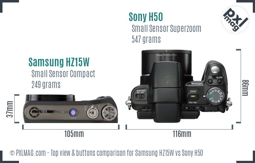 Samsung HZ15W vs Sony H50 top view buttons comparison