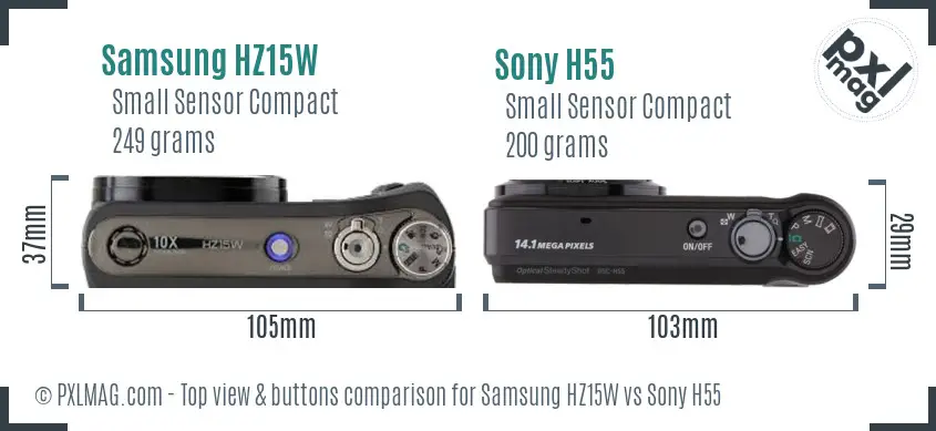 Samsung HZ15W vs Sony H55 top view buttons comparison