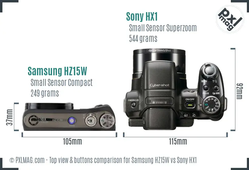 Samsung HZ15W vs Sony HX1 top view buttons comparison