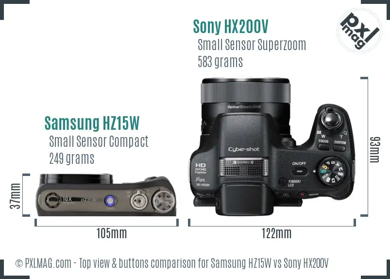 Samsung HZ15W vs Sony HX200V top view buttons comparison