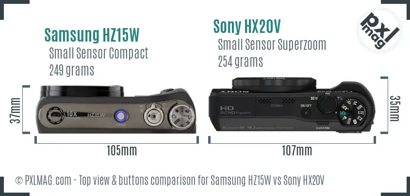 Samsung HZ15W vs Sony HX20V top view buttons comparison