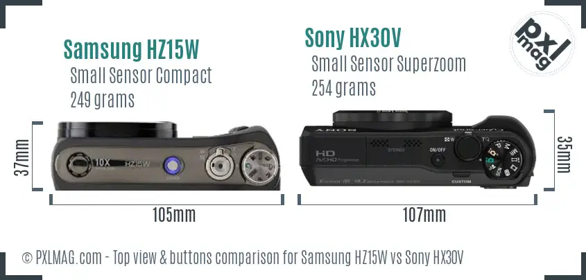 Samsung HZ15W vs Sony HX30V top view buttons comparison