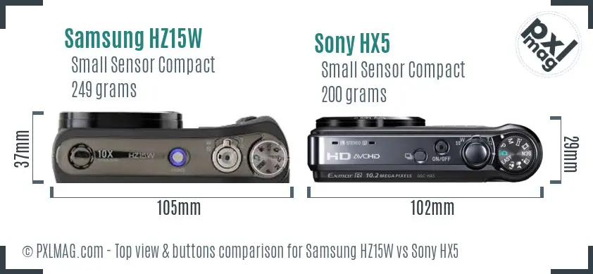 Samsung HZ15W vs Sony HX5 top view buttons comparison