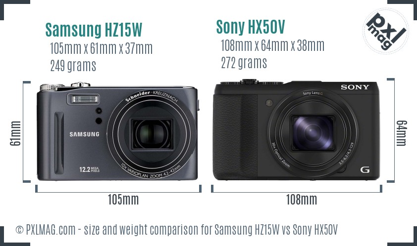 Samsung HZ15W vs Sony HX50V size comparison