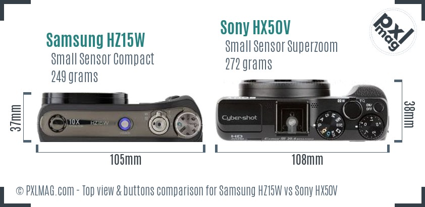 Samsung HZ15W vs Sony HX50V top view buttons comparison