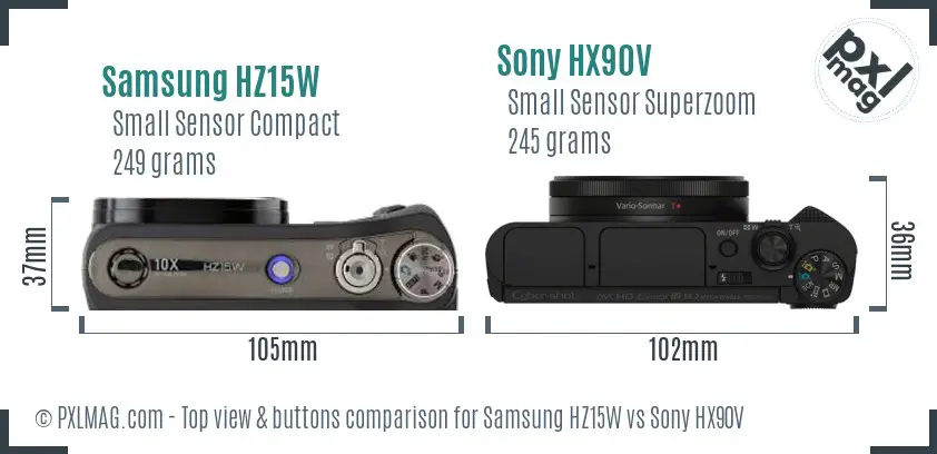 Samsung HZ15W vs Sony HX90V top view buttons comparison