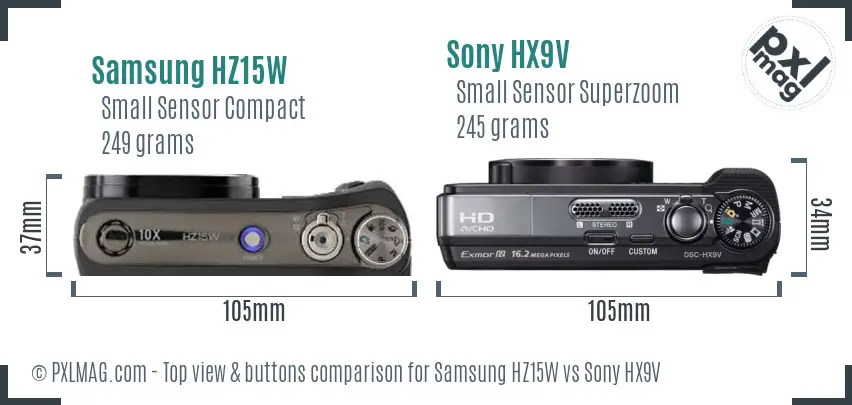 Samsung HZ15W vs Sony HX9V top view buttons comparison