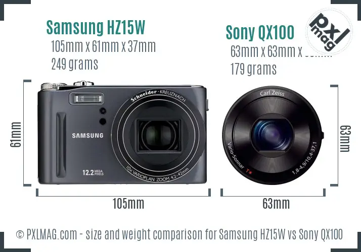Samsung HZ15W vs Sony QX100 size comparison