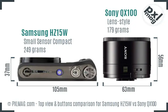 Samsung HZ15W vs Sony QX100 top view buttons comparison