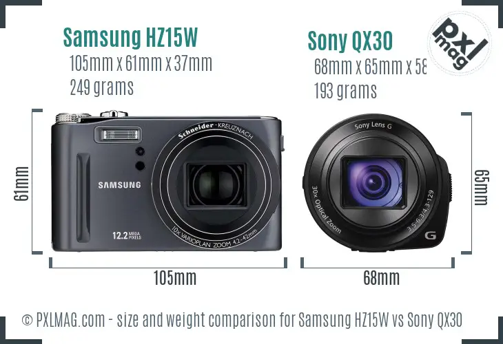 Samsung HZ15W vs Sony QX30 size comparison