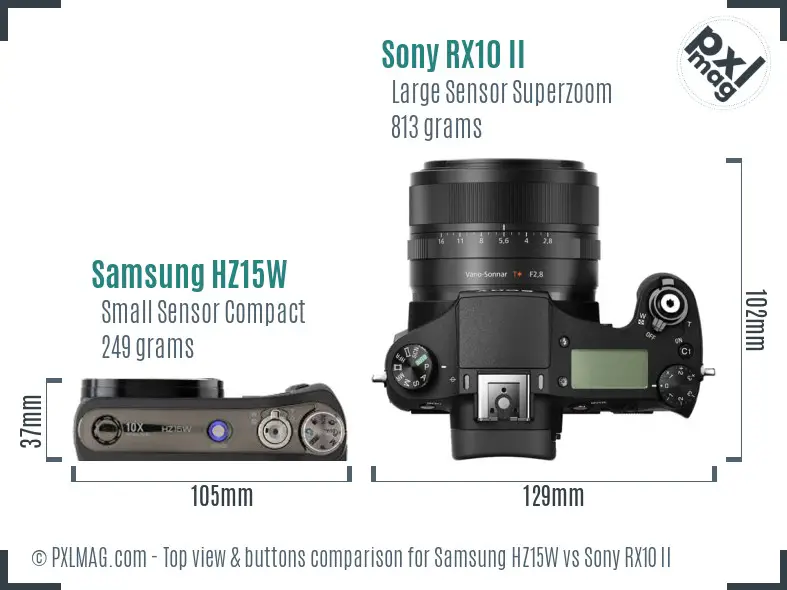 Samsung HZ15W vs Sony RX10 II top view buttons comparison