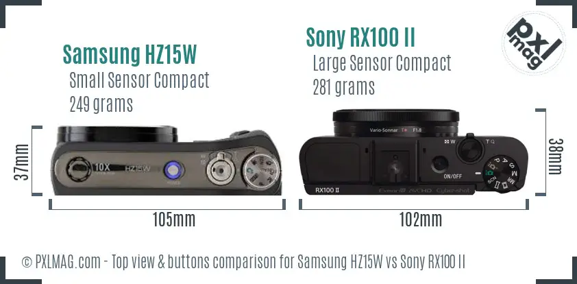 Samsung HZ15W vs Sony RX100 II top view buttons comparison