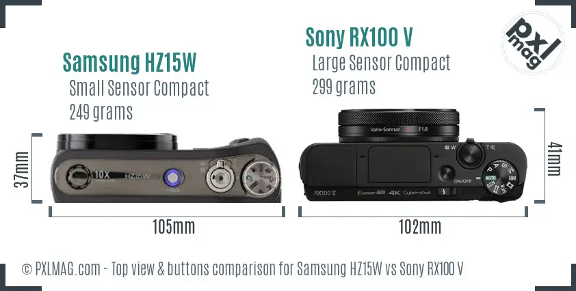 Samsung HZ15W vs Sony RX100 V top view buttons comparison