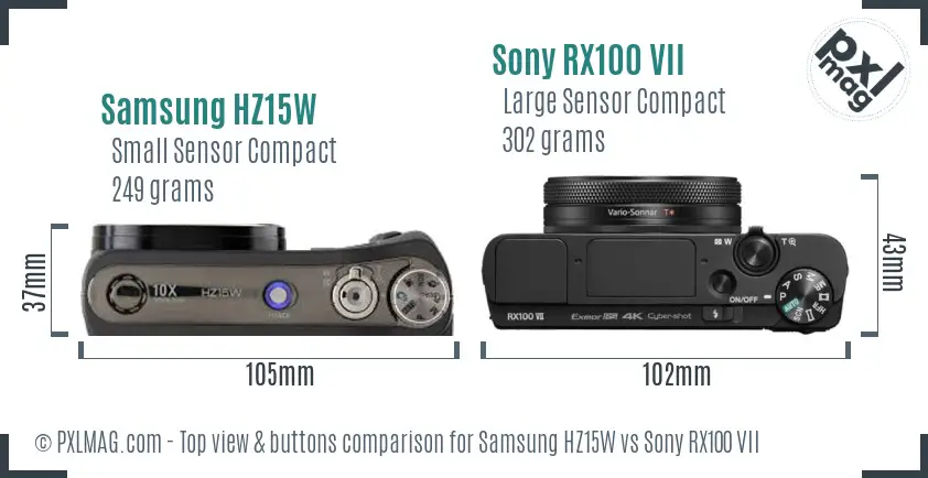 Samsung HZ15W vs Sony RX100 VII top view buttons comparison