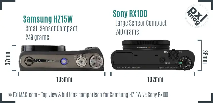 Samsung HZ15W vs Sony RX100 top view buttons comparison