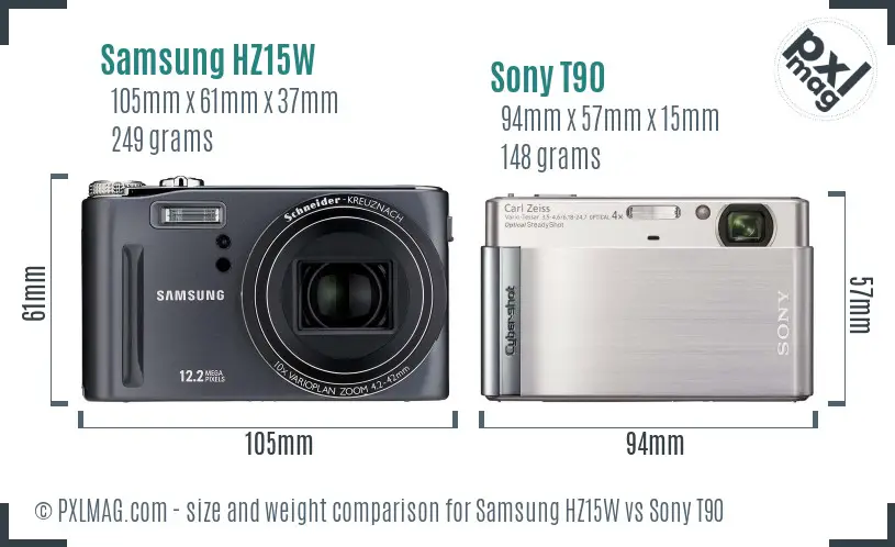 Samsung HZ15W vs Sony T90 size comparison