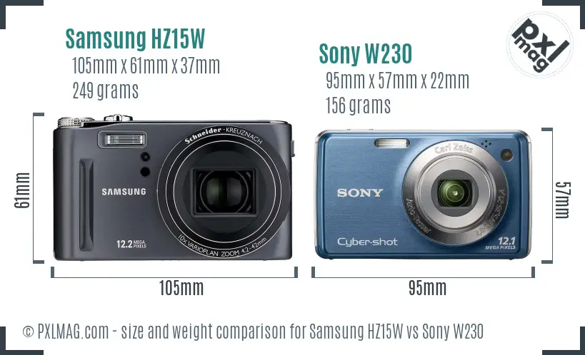 Samsung HZ15W vs Sony W230 size comparison