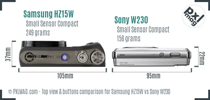 Samsung HZ15W vs Sony W230 top view buttons comparison