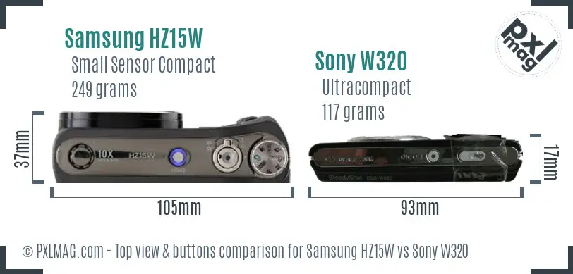 Samsung HZ15W vs Sony W320 top view buttons comparison