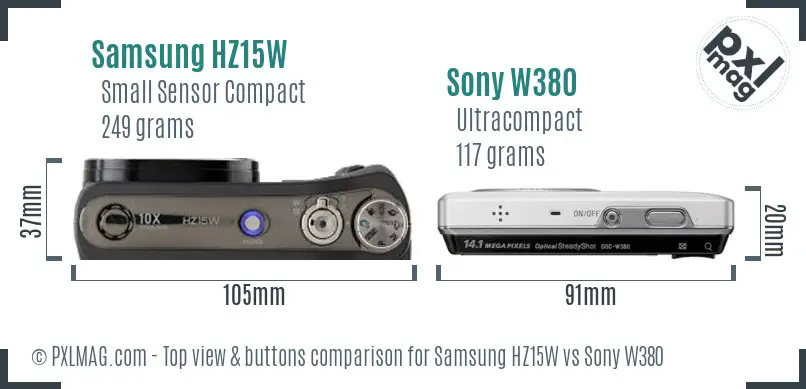 Samsung HZ15W vs Sony W380 top view buttons comparison