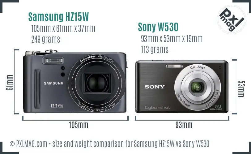 Samsung HZ15W vs Sony W530 size comparison