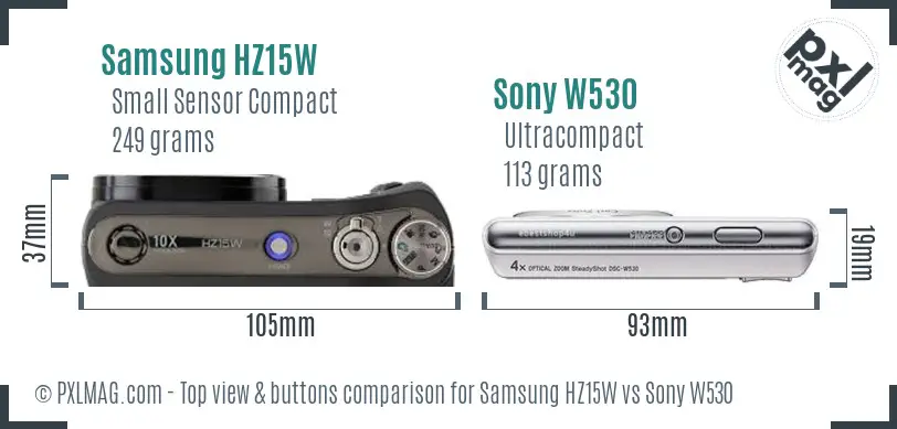 Samsung HZ15W vs Sony W530 top view buttons comparison