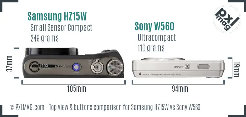 Samsung HZ15W vs Sony W560 top view buttons comparison
